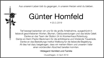 Traueranzeige von Günter Homfeld von SYK