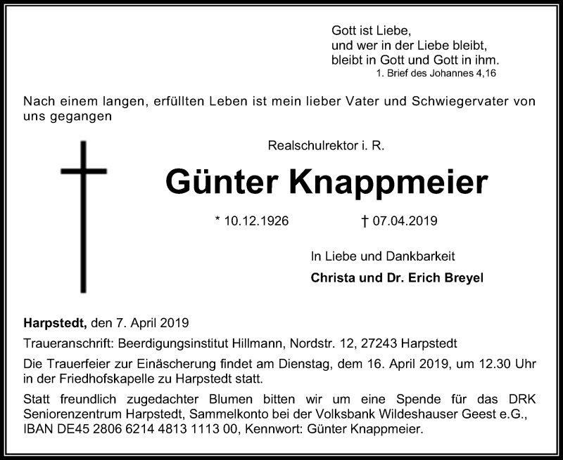  Traueranzeige für Günter Knappmeier vom 10.04.2019 aus SYK