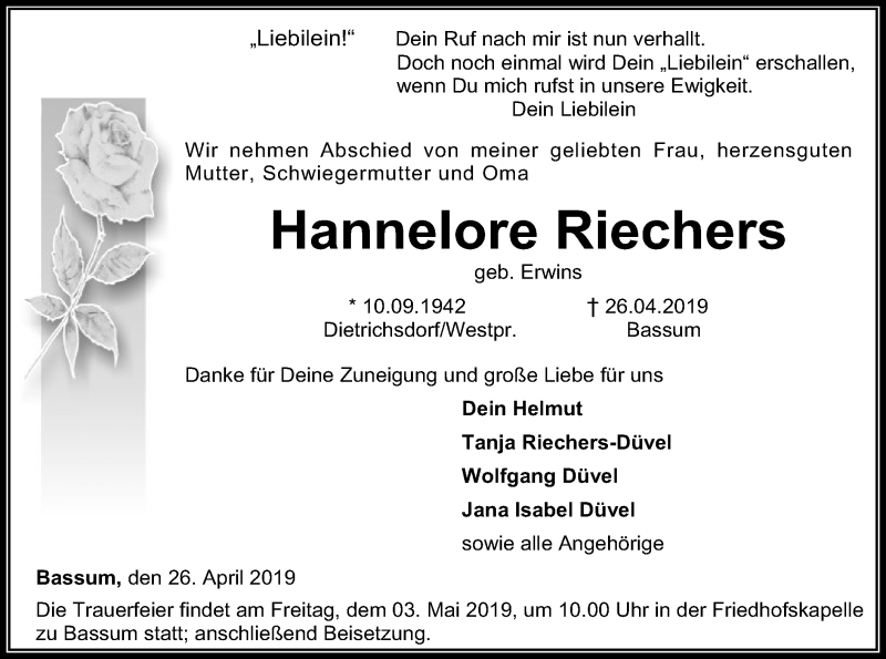  Traueranzeige für Hannelore Riechers vom 29.04.2019 aus SYK