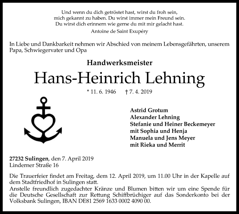  Traueranzeige für Hans-Heinrich Lehning vom 10.04.2019 aus SYK