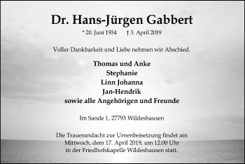 Traueranzeige von Hans-Jürgen Gabbert von SYK