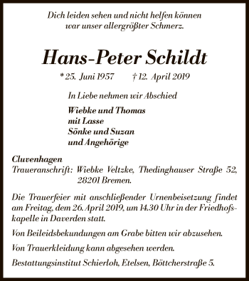 Traueranzeige von Hans-Peter Schildt von SYK