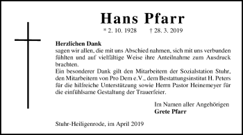 Traueranzeige von Hans Pfarr von SYK