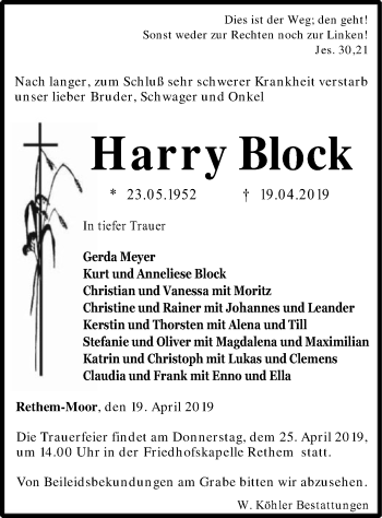 Traueranzeige von Harry Block von SYK