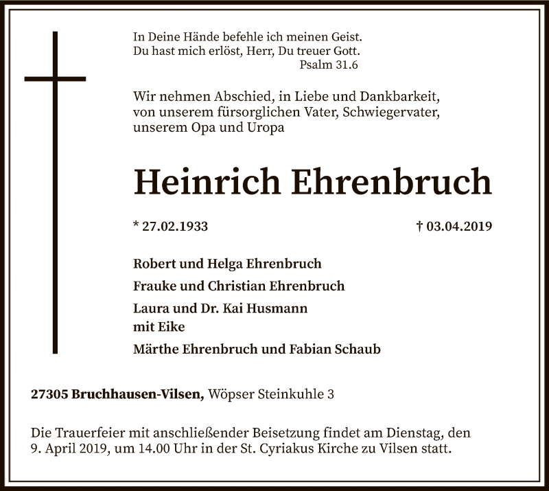  Traueranzeige für Heinrich Ehrenbruch vom 06.04.2019 aus SYK
