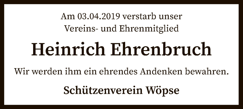  Traueranzeige für Heinrich Ehrenbruch vom 06.04.2019 aus SYK