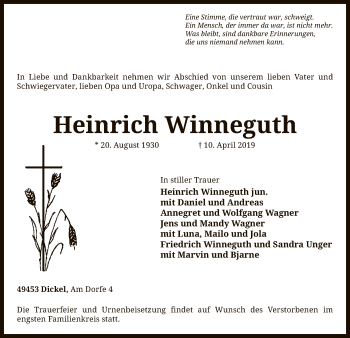 Traueranzeige von Heinrich Winneguth von SYK