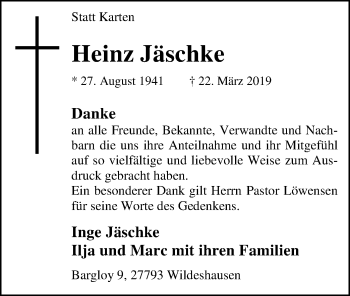 Traueranzeige von Heinz Jäschke von SYK