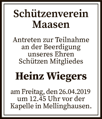 Traueranzeige von Heinz Wiegers von SYK