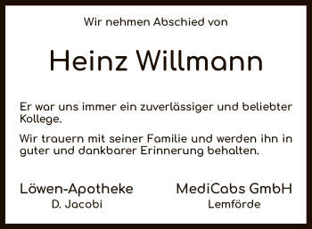 Traueranzeige von Heinz Willmann von SYK