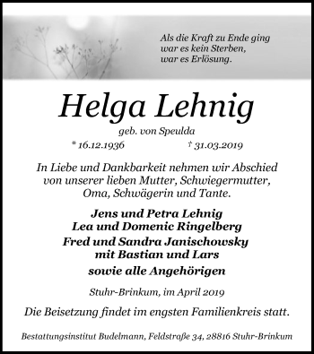 Traueranzeige von Helga Lehnig von SYK