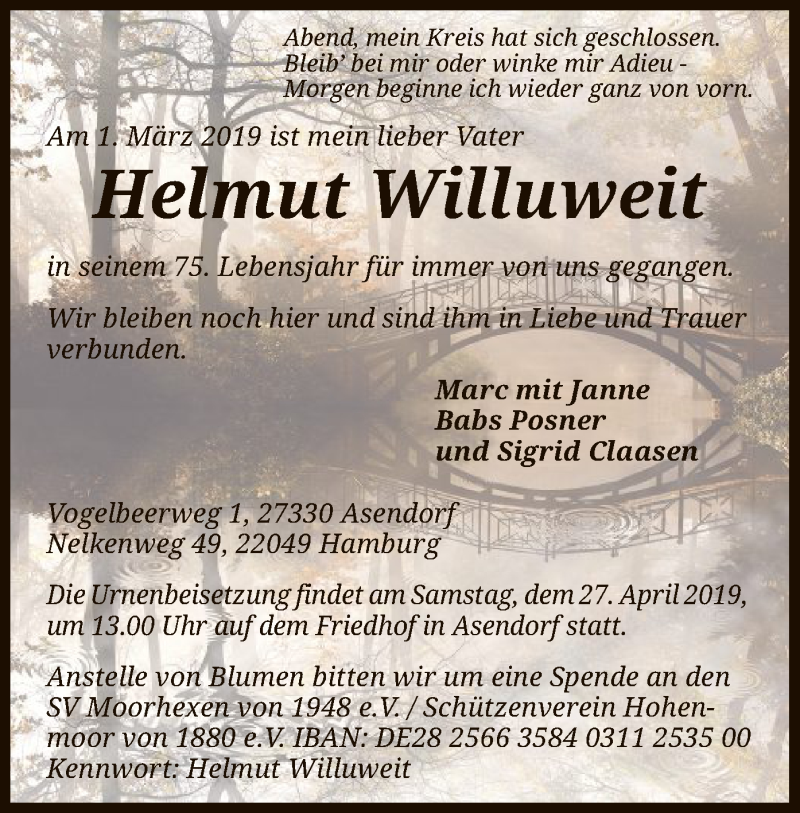  Traueranzeige für Helmut Willuweit vom 20.04.2019 aus SYK
