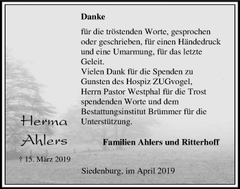 Traueranzeige von Herma Ahlers von SYK