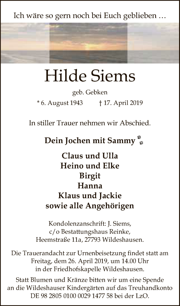  Traueranzeige für Hilde Siems vom 23.04.2019 aus SYK