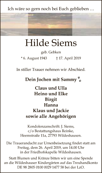 Traueranzeige von Hilde Siems von SYK