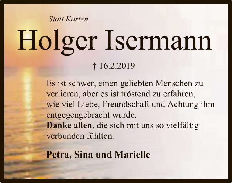  Traueranzeige für Holger Isermann vom 20.04.2019 aus SYK