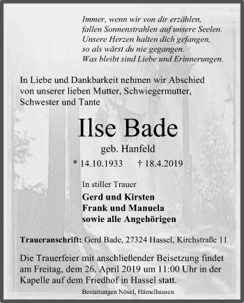 Traueranzeige von Ilse Bade von SYK