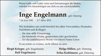 Traueranzeige von Inge Engelmann von SYK