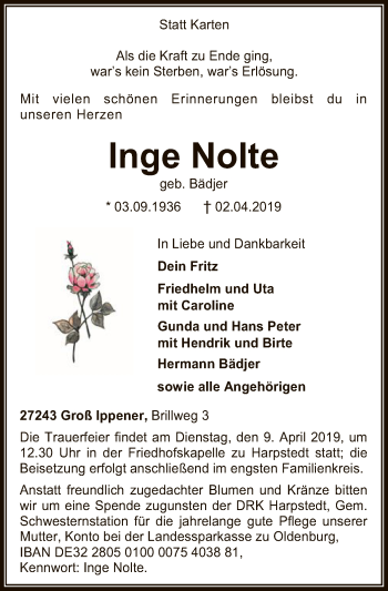 Traueranzeige von Inge Nolte von SYK