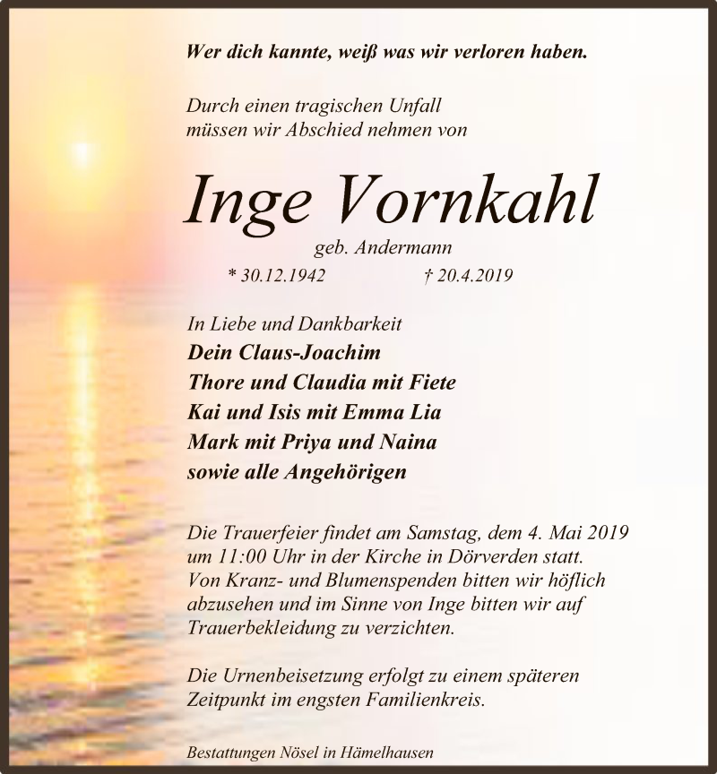  Traueranzeige für Inge Vornkahl vom 27.04.2019 aus SYK