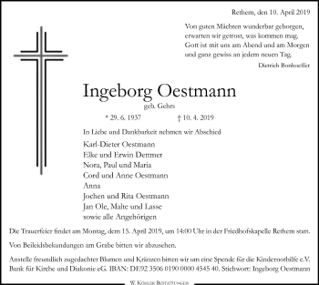 Traueranzeige von Ingeborg Oestmann von SYK