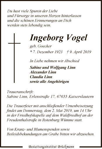 Traueranzeige von Ingeborg Vogel von SYK