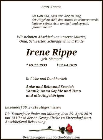 Traueranzeige von Irene Rippe von SYK