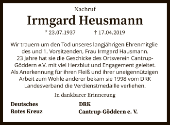 Traueranzeige von Irmgard Heusmann von SYK