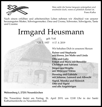 Traueranzeige von Irmgard Heusmann von SYK