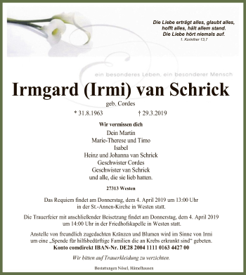 Traueranzeige von Irmgard van Schrick von SYK