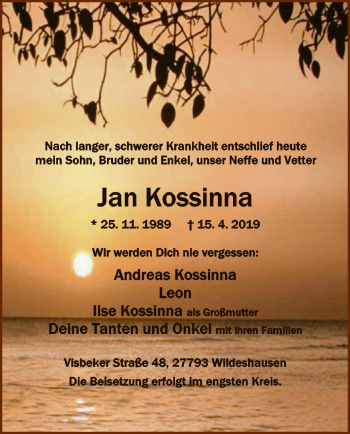 Traueranzeige von Jan Kossinna von SYK