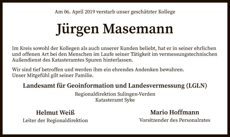  Traueranzeige für Jürgen Masemann vom 17.04.2019 aus SYK