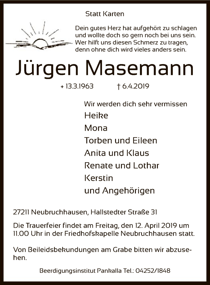  Traueranzeige für Jürgen Masemann vom 09.04.2019 aus SYK