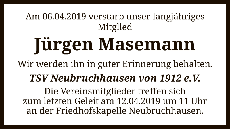  Traueranzeige für Jürgen Masemann vom 10.04.2019 aus SYK