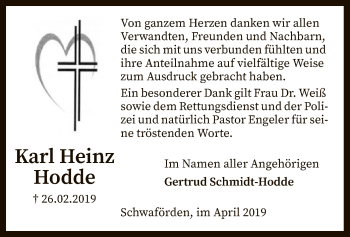 Traueranzeige von Karl Heinz Hodde von SYK