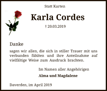 Traueranzeige von Karla Cordes von SYK