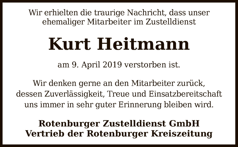  Traueranzeige für Kurt Heitmann vom 12.04.2019 aus SYK