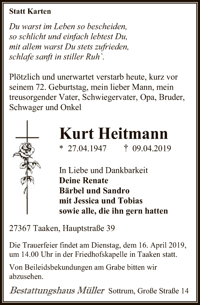  Traueranzeige für Kurt Heitmann vom 12.04.2019 aus SYK