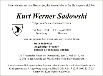 Traueranzeige von Kurt Werner Sadowski von SYK