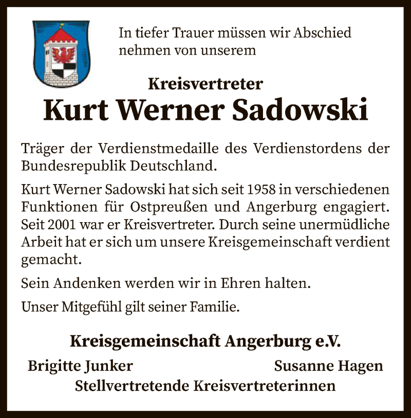  Traueranzeige für Kurt Werner Sadowski vom 27.04.2019 aus SYK