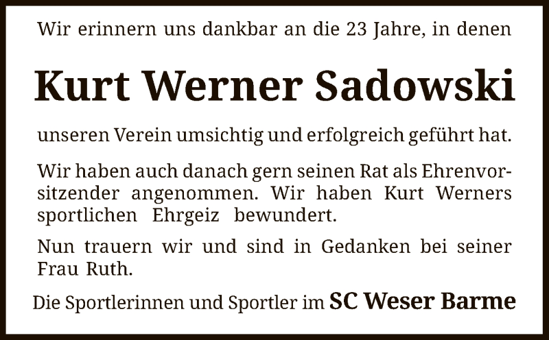  Traueranzeige für Kurt Werner Sadowski vom 27.04.2019 aus SYK