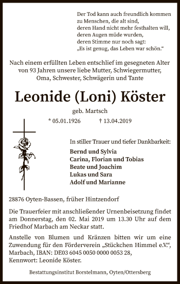 Traueranzeige von Leonide Köster von SYK