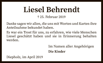 Traueranzeige von Liesel Behrendt von SYK