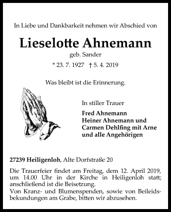 Traueranzeige von Lieselotte Ahnemann von SYK