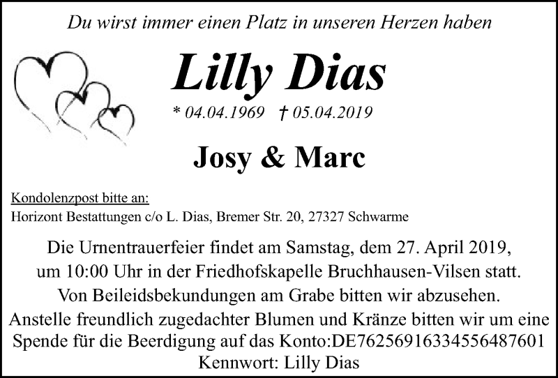  Traueranzeige für Lilly Dias vom 20.04.2019 aus SYK