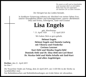 Traueranzeige von Lisa Engels von SYK