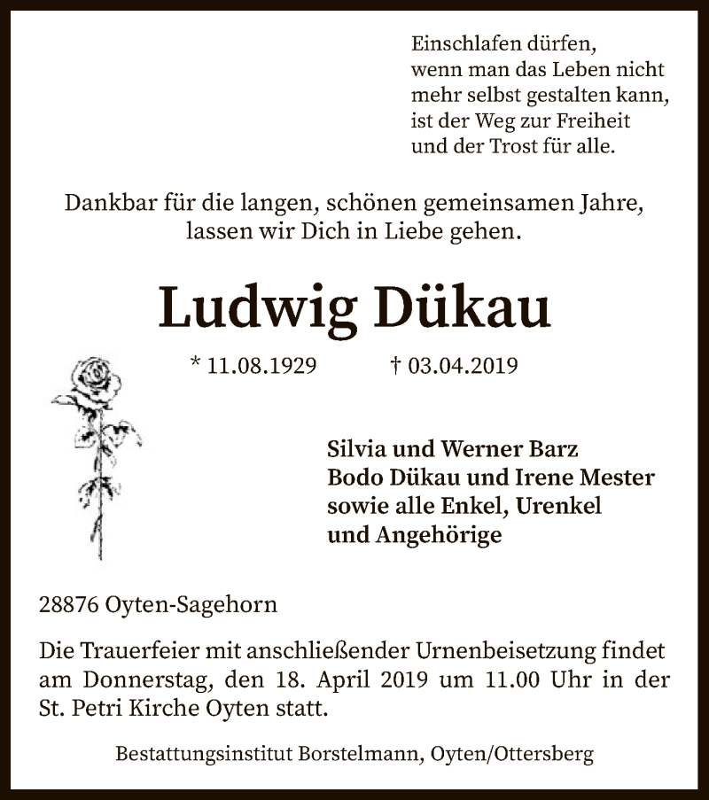  Traueranzeige für Ludwig Dükau vom 10.04.2019 aus SYK