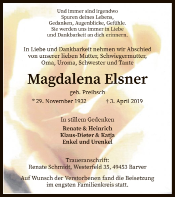 Traueranzeige von Magdalena Elsner von SYK