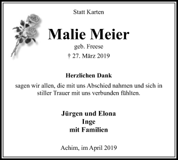 Traueranzeige von Malie Meier von SYK