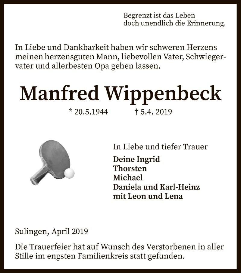  Traueranzeige für Manfred Wippenbeck vom 24.04.2019 aus SYK